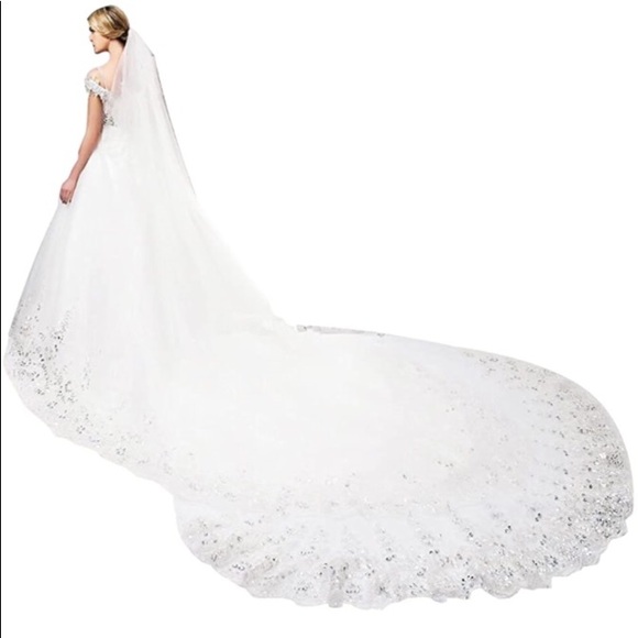 137’long white wedding veil with sequins